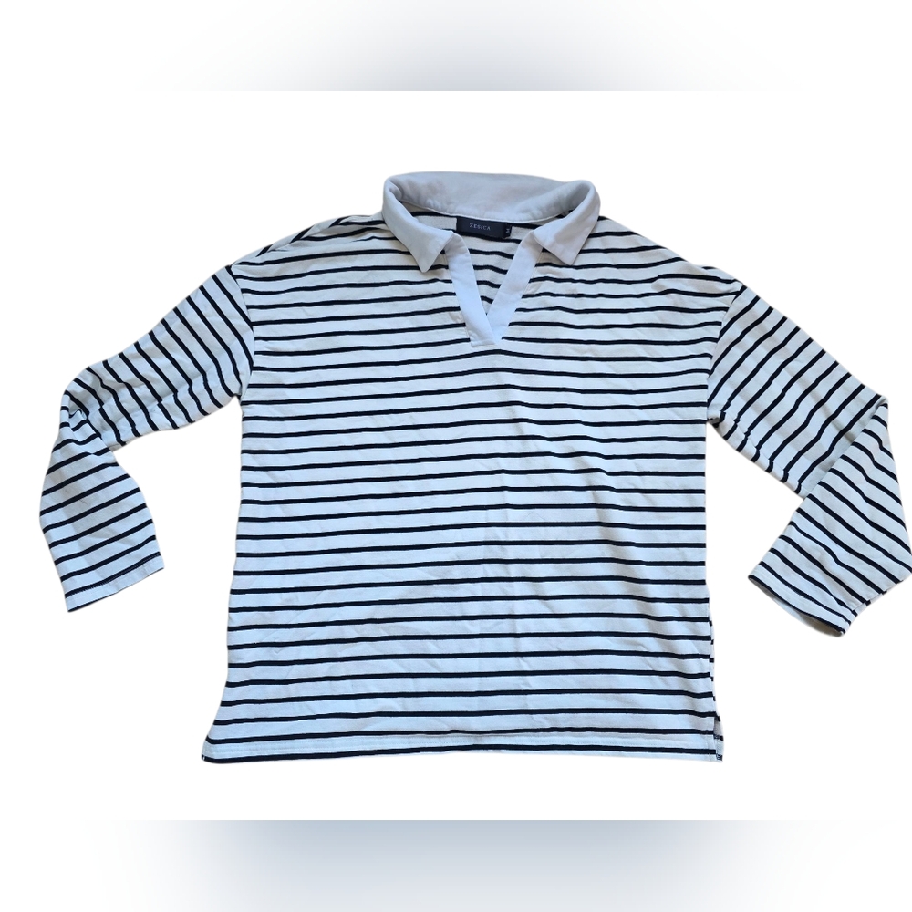 Zesica Black & White Striped Collared Pullover Vicose Blend Sweatshirt Size M